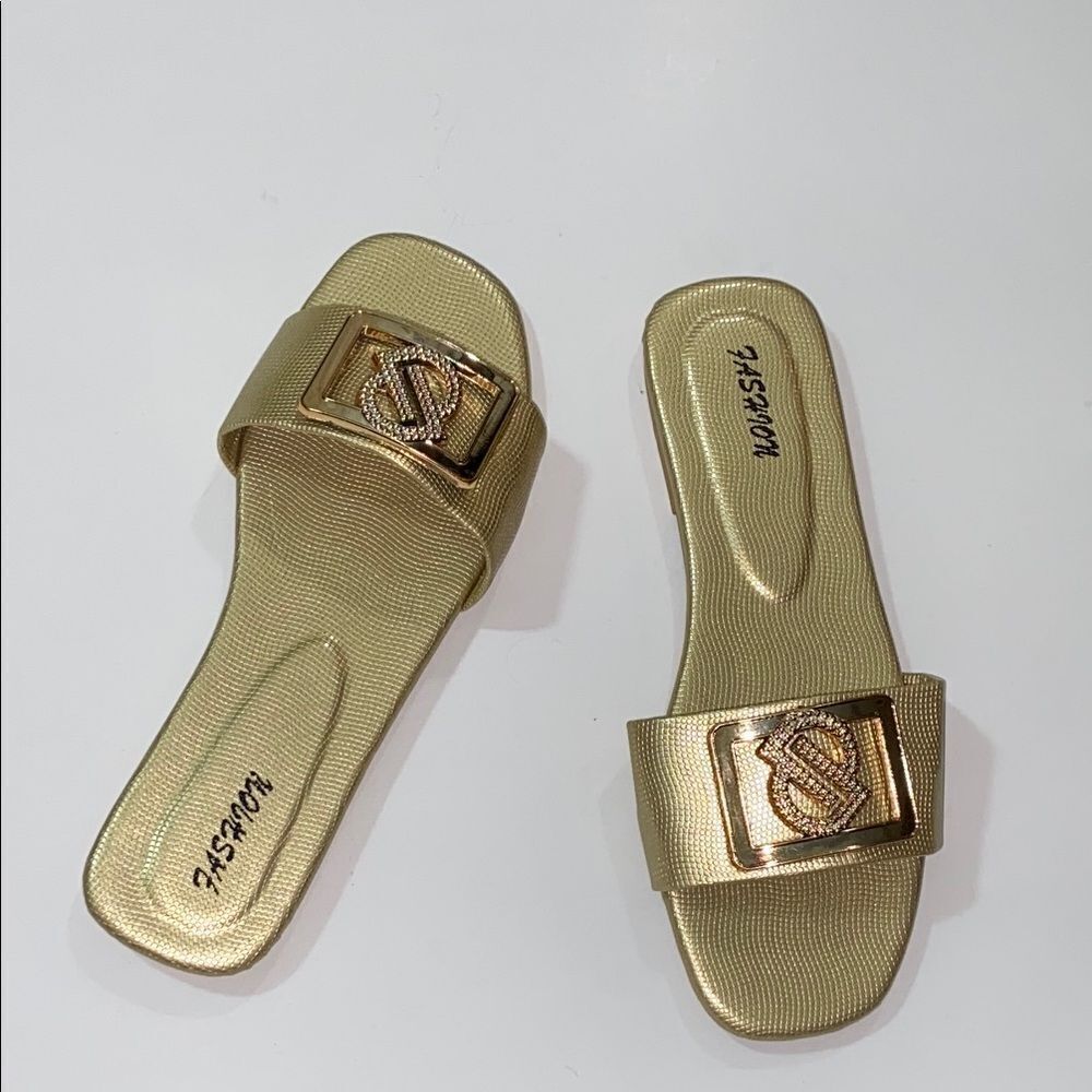 Fashion Fragrances Gold Metallic Slide Sandals Size 40